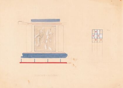 Design for unidentified restaurant interior in blue and vermillion with mural featuring 2 female nudes and panel with tulip inserts.] [Drawing for ‘Dining Room’