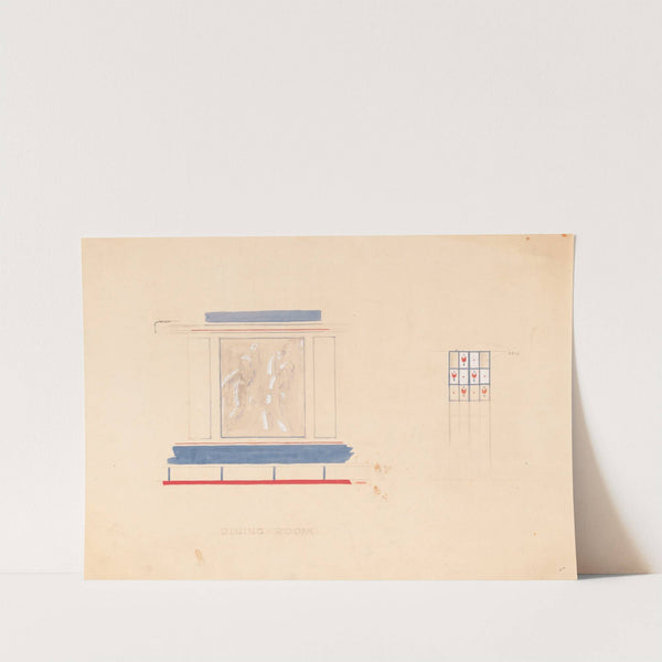 Design for unidentified restaurant interior in blue and vermillion with mural featuring 2 female nudes and panel with tulip inserts.] [Drawing for &#039;Dining Room&#039; by Winold Reiss