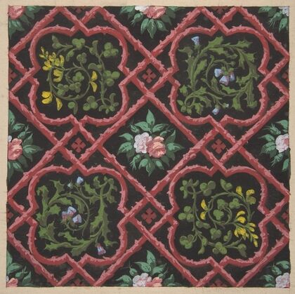 Design for wallpaper featuring flowers and latticework (1830–97)