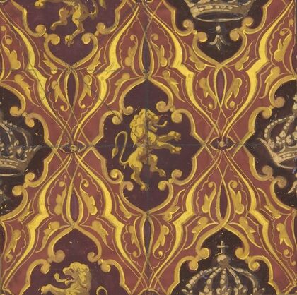 Design for wallpaper featuring rampant lions and crowns (1830–97)