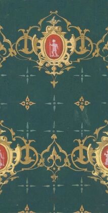 Design for wallpaper featuring rinceaux and carouches framing figures (1830–97)