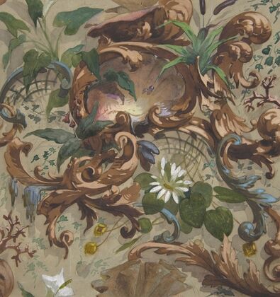 Design for wallpaper featuring shells, waterlilies, and cattails (1830–97)