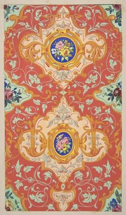Design for wallpaper featuring strapwork, rinceaux, and cartouches filled with bouquets of roses (1830–97)