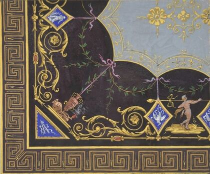 Design for wallpaper with Roman key border, rinceaux, and medallions (1830–97)
