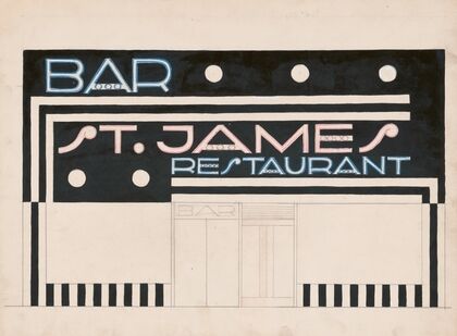 Designs and photographs for alterations to St. James Bar Restaurant, W. 181st St. and Broadway, New York, NY.] [Incomplete study of exterior elevation