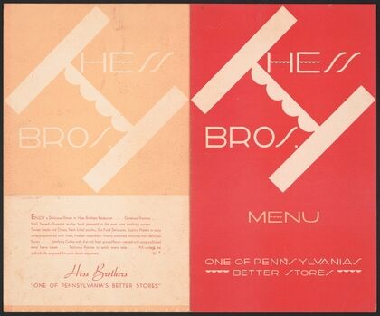 Designs for Hess Brothers Restaurant, Allentown, PA.] [Dinner menu