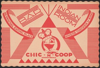 Designs for Indian Room, Chic-n-Coop Restaurant, Montreal, Canada.] [Placemat design with chicken character wearing crown