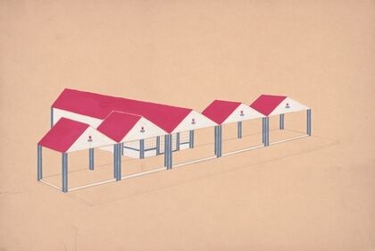 [Designs for roadhouse or terrace restaurant.] [Scheme [B] with a T-plan, 5- bays, with painted tulips in the pediments.