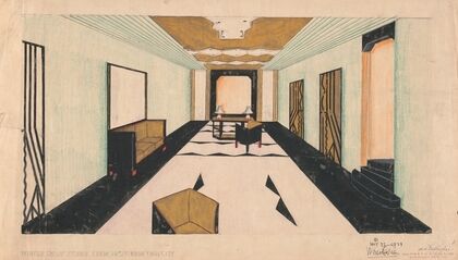 Designs for Shellball Apartments, 8300 Talbot St. at Lefferts Blvd., Kew Gardens, New York, NY.] [Perspective drawing of lobby (1928)