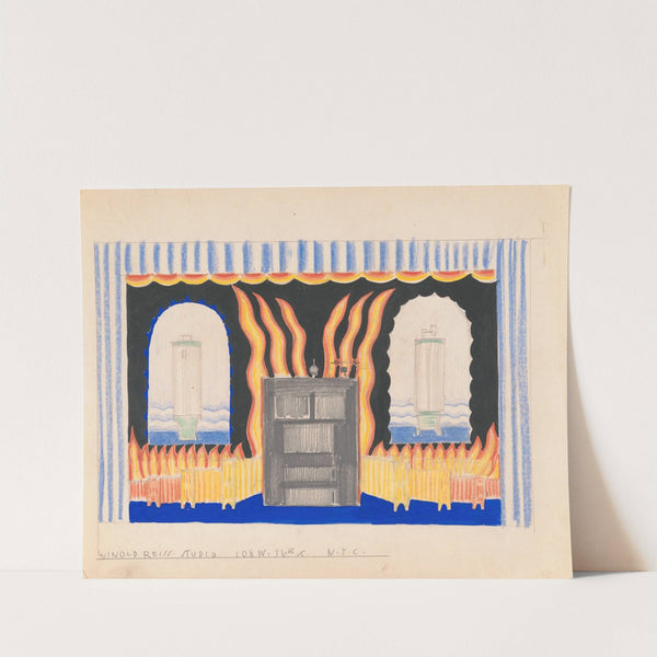 Designs for staged commercial or trade exhibition displays of coal-fired water heaters and furniture.] [Perspective sketch featuring flames by Winold Reiss