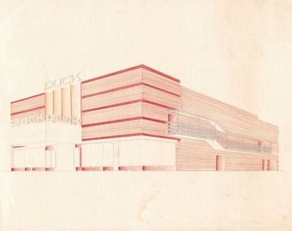 Designs for the Puck Theater (later Elgin Movie Theater, then Joyce Movie Theater), New York, NY.] [Exterior perspective study.