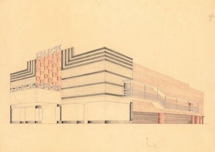Designs for the Puck Theater (later Elgin Movie Theater, then Joyce Movie Theater), New York, NY.] [Exterior perspective study