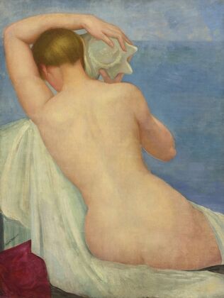 Desnudo de espalda con caracol