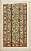Détail de vitrail (partie inférieure de fenêtre) fond gris à entrelacs, ronds rouges, entourage à fond bleu