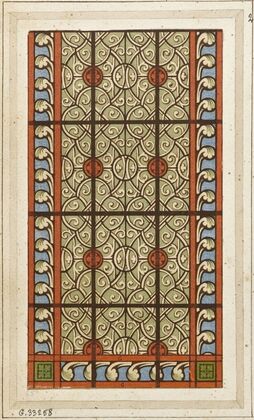 Détail de vitrail (partie inférieure de fenêtre) fond gris à entrelacs, ronds rouges, entourage à fond bleu