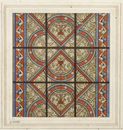 Détail d’un vitrail quadrilobes et losanges rouges et bleus entrelacés sur fond gris