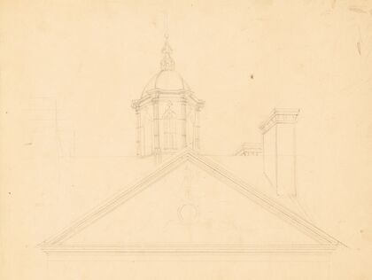 Detail view of cupola, pediment, and frieze of a large public building in Charleston, South Carolina