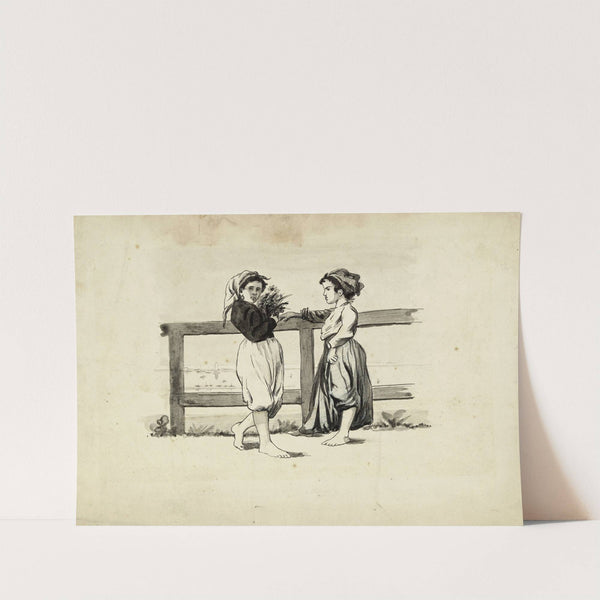 Deux fillettes devant une barrière de bois by Arthur-Joseph Gueniot