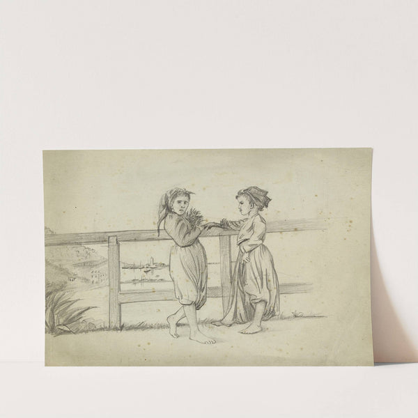 Deux fillettes devant une barrière de bois by Arthur-Joseph Gueniot