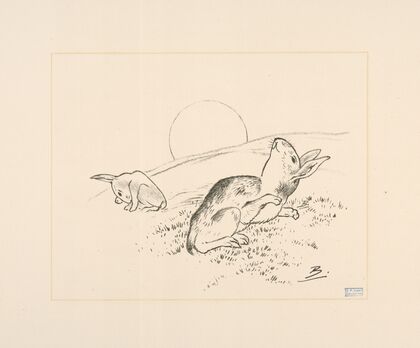 Deux lapins, la lune derrière colline. (1866 - 1878)