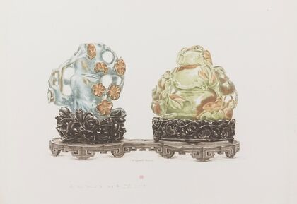 Deux sujets de jade et leur socle, sur un présentoir (1890)