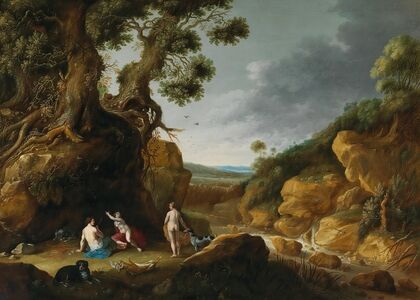 Diana and her nymphs in a rocky wooded river landscape