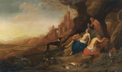 Diana And Her Nymphs Resting After A Hunt With Two Satyrs Spying On Them