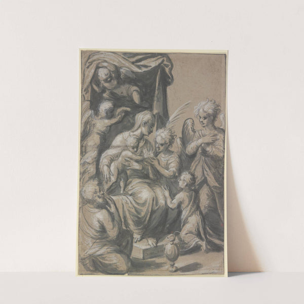 Die Heilige Familie mit dem Johannesknaben unter einem Baldachin, von vier Engeln umgeben, ein Engel empfängt von dem Christkind eine Krone für den knienden Knaben by Georg Kopp the Elder