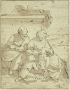 Die Heilige Familie mit dem Johannesknaben vor einer Mauer mit Säulenfuß