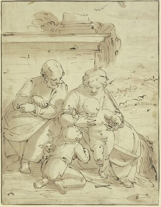 Die Heilige Familie mit dem Johannesknaben vor einer Mauer mit Säulenfuß