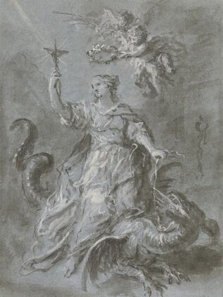 Die Heilige Margarethe auf dem Drachen, von zwei Engeln gekrönt