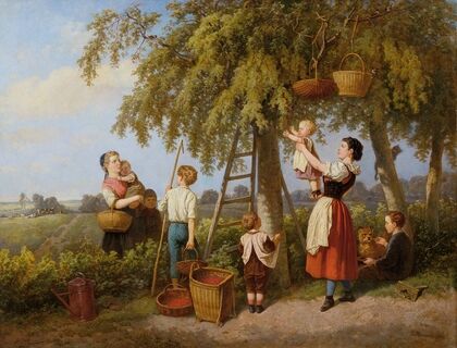 Die Kirschenernte Bauernfamilie im Obstgarten