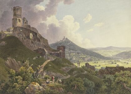 Die Ruinen Gleiberg und Vetzberg bei Gießen, links die beiden Burgruinen auf Bergen, rechts ein weites Tal, im Vordergrund Ausflügler und Hirten