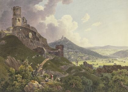 Die Ruinen Gleiberg und Vetzberg bei Gießen, links die beiden Burgruinen auf Bergen, rechts ein weites Tal, im Vordergrund Ausflügler und Hirten