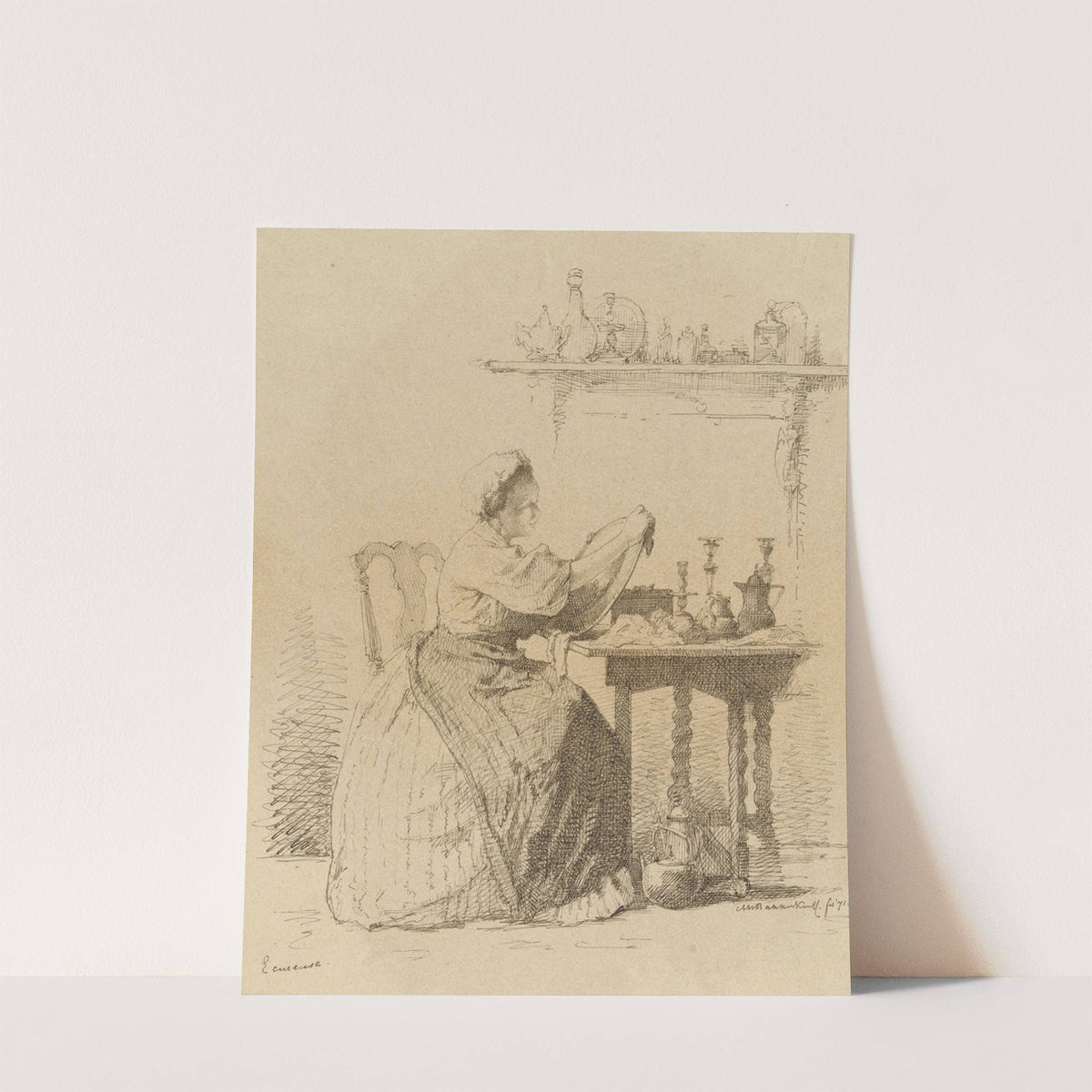 Dienstmeisje dat aan tafel zit te poetsen. by Alexander Hugo Bakker Korff