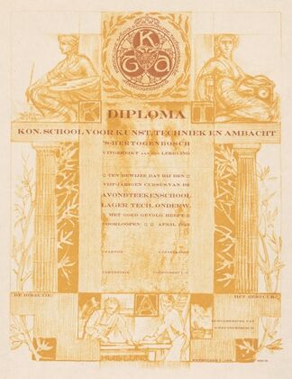 Diploma van de koninklijke school voor kunst, techniek en ambacht in Den Bosch (1891)