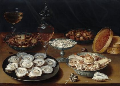 Dishes with Oysters,Fruit and Wine
