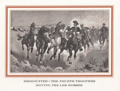 Dismounted–the fourth troopers moving the led horses