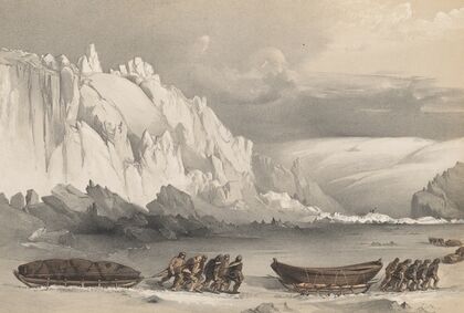 Division of Sledges passing Cape Lady Franklin; Extraordinary masses of ice pressed against the North Shore of Bathurst Land