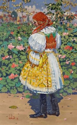Dívka v kroji v zahrade (Girl in Traditional Dress in a Garden)