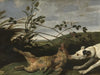 Dog attacking wild boar piglet