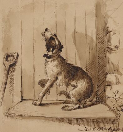 Dog barking in front of closed door (1840)