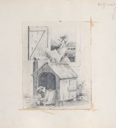 Dog in doghouse; cock singing at window — size preview