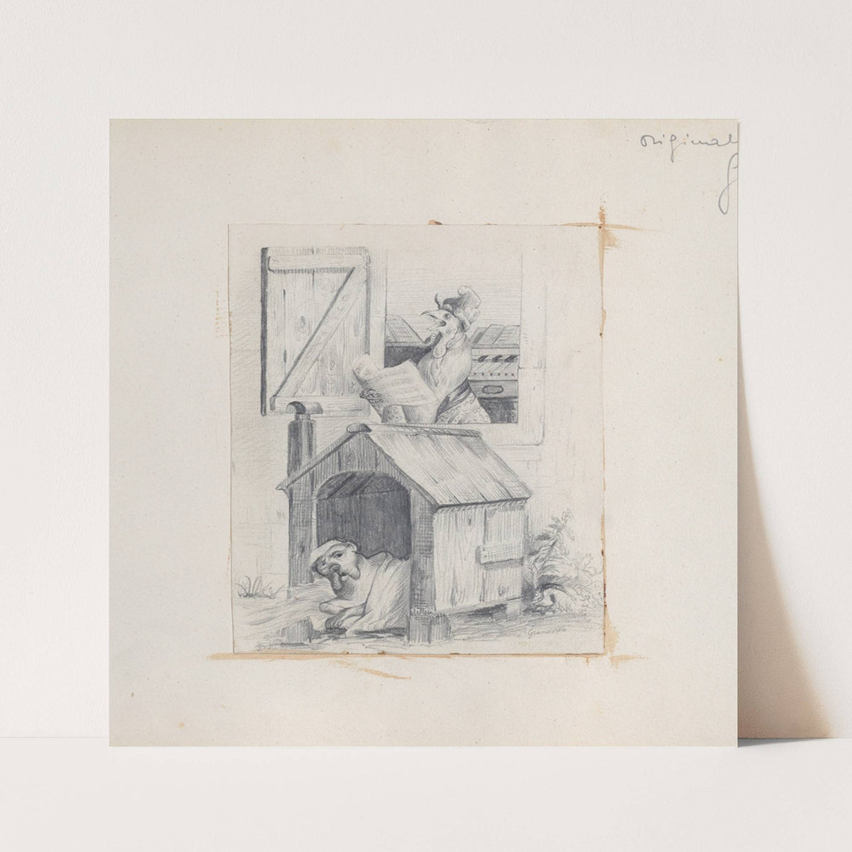Dog in doghouse; cock singing at window by J. J. Grandville