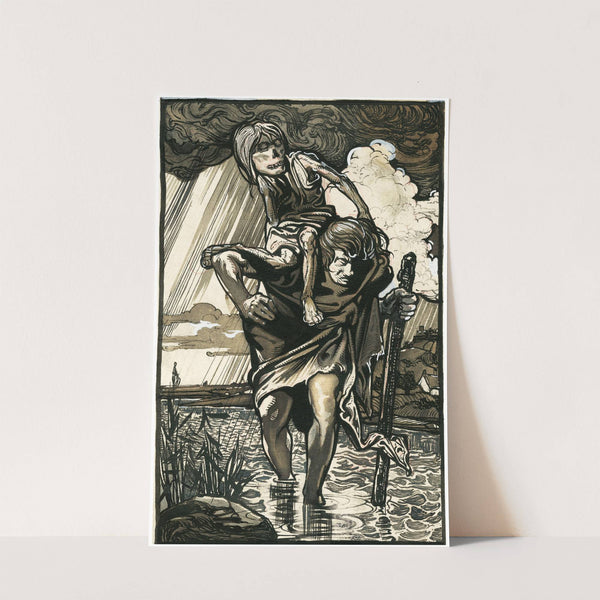 Door het water wadende man met skelet op de rug by Johannes Josephus Aarts