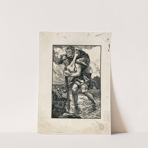 Door het water wadende man met skelet op de rug by Johannes Josephus Aarts