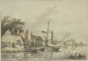 Dorf mit einer Windmühle am Wasser