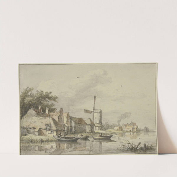 Dorf mit einer Windmühle am Wasser by Jan Hulswit
