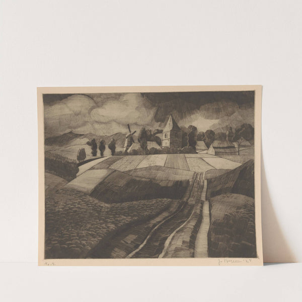 Dorp met molen en kerk in heuvellandschap (1924) by Jo Bezaan