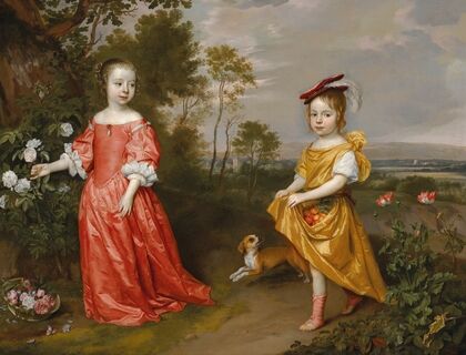 Double portrait of two children in a landscape, a dog at their side